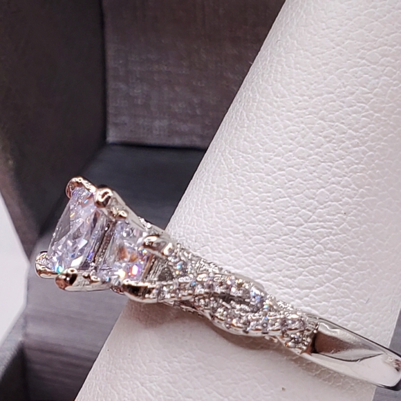 Three Stone Princess Cut Diamond Silver Tone Ring - Picture 3 of 6